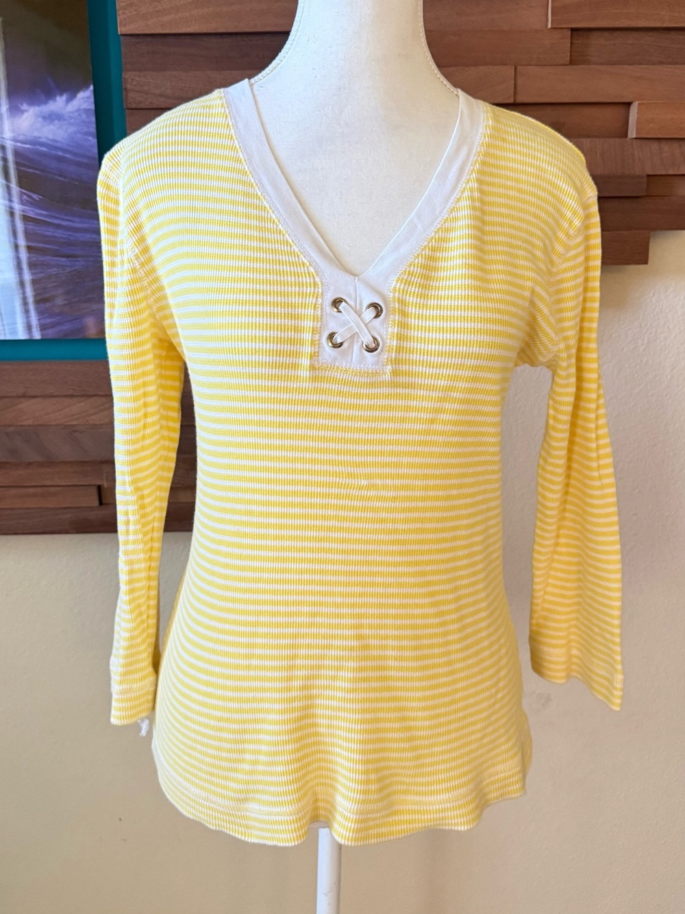 Ralph Lauren Yellow & White Striped Lace-Up V-Neck Long Sleeve Top